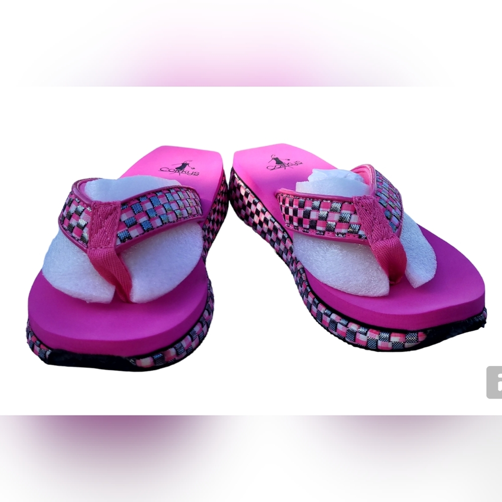 Corkys Kids Josie Flip Flops, Pink/Black, Style 01-2525-PINK-X, 2- Size 3, New